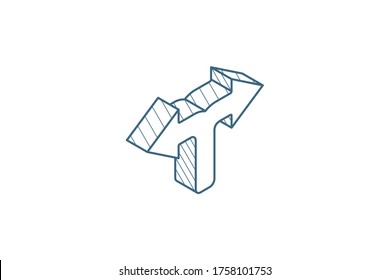 Junction, Separation, two paths, ways isometric icon. 3d vector illustration. Isolated line art technical drawing. Editable stroke