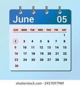 June 02. Flat icon calendar isolated on blue background. Date and month vector illustration