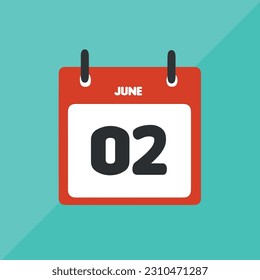 June 02 vector icon calendar Date, day and month Vector illustration, colorful background.