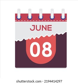 June 08. Vector flat daily calendar icon. Date and time, day, month. Holiday. Season. White Background