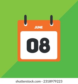 June 08 vector icon calendar Date, day and month Vector illustration, colorful background.