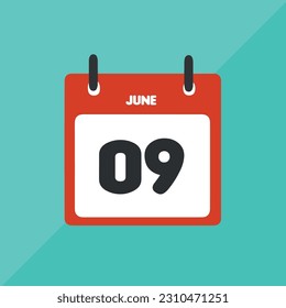 June 09 vector icon calendar Date, day and month Vector illustration, colorful background.