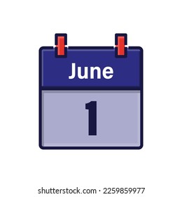 June 1, Calendar icon. Day, month. Meeting appointment time. Event schedule date. Flat vector illustration.