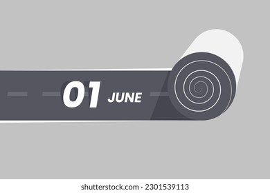 Icono del calendario del 1 de junio rodando dentro de la carretera. 1 de junio Ilustrador vectorial del mes de la fecha.