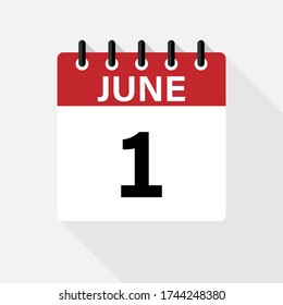 June 1  Calendar Icon. Calendar Icon with shadow. Flat style. Date, day and month.