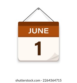 June 1, Calendar icon with shadow. Day, month. Meeting appointment time. Event schedule date. Flat vector illustration. 