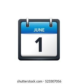 June 1. Calendar icon.Vector illustration,flat style.Month and date.Sunday,Monday,Tuesday,Wednesday,Thursday,Friday,Saturday.Week,weekend,red letter day. 2017,2018 year.Holidays.