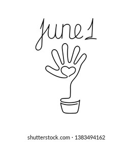 June 1. Continuous line art. One Line Drawn. Children's hand are palms. . Hand drawn vector illustrations, outline
