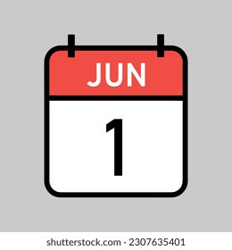 June 1, red and white color calendar page with black outline, calendar date vector illustration