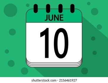 June 10 calendar date design green. Calendar page icon for june days