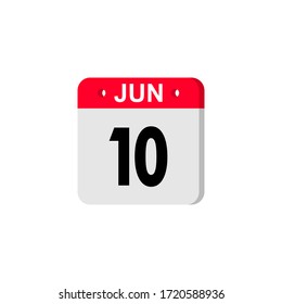 June 10 - Calendar Icon. Summer days of the year. Calendar Icon with shadow. Flat style. Date, day and month. Reminder. Vector illustration. Organizer application, app symbol. Ui. User interface sign.