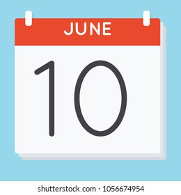June 10. Calendar icon. Vector illustration in flat design isolated in blue background. Date and time, day, month.