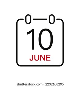 June 10 date on the calendar, vector line stroke icon for user interface. Calendar with date, vector illustration.