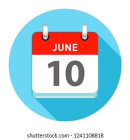June 10 Date on a Single Day Calendar in Flat Style with long flat shadow on a blue background