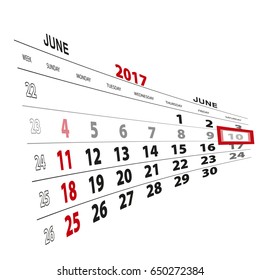 June 10, highlighted on 2017 calendar. Vector Illustration.