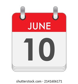 10 DE JUNIO. Una hoja del calendario inverso con la fecha del 10 de junio. Estilo plano.