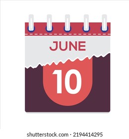 June 10. Vector flat daily calendar icon. Date and time, day, month. Holiday. Season. White Background