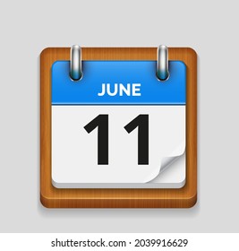 June 11 blue daily realistic calendar with wooden frame icon date vector image