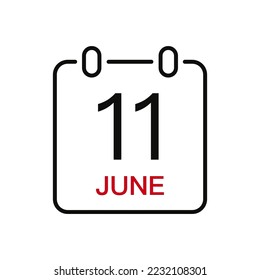 June 11 date on the calendar, vector line stroke icon for user interface. Calendar with date, vector illustration.