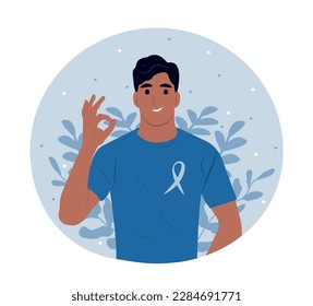 June 11 - World Prostate Cancer Day. Prostate cancer awareness ribbon with. Black mans and a symbol of mens health. Flat vector illustration.