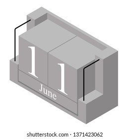 June 11th date on a single day calendar. Gray wood block calendar present date 11 and month June isolated on white background. Holiday. Season. Vector isometric illustration