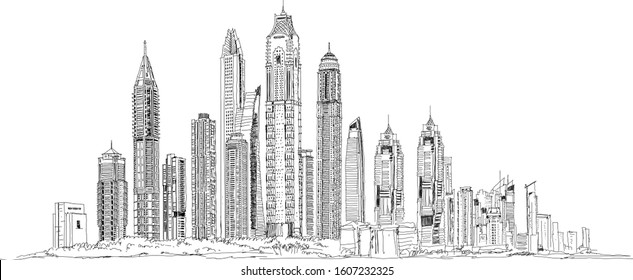 June 12, 2019: Vector Illustration of the Dubai skyline with modern skyscrapers. Dubai City and Marina