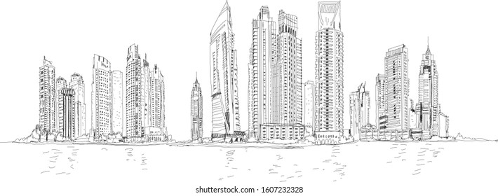 June 12, 2019: Vector Illustration of the Dubai skyline with modern skyscrapers. Dubai City and Marina