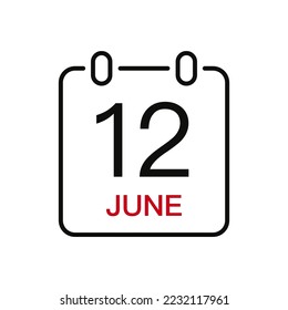 June 12 date on the calendar, vector line stroke icon for user interface. Calendar with date, vector illustration.