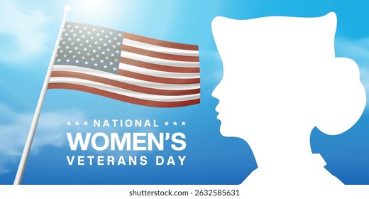 O dia 12 de junho é o Dia Nacional das Mulheres Veteranas. Mulheres, nuvem, sol e bandeira americana. Adequado para cartazes, banners e mídias sociais. Fundo do céu azul. 