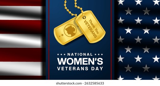 O dia 12 de junho é o Dia Nacional das Mulheres Veteranas. Etiquetas militares e bandeira americana. Adequado para cartazes, banners e mídias sociais. Fundo preto. 