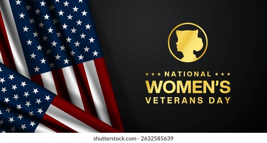 O dia 12 de junho é o Dia Nacional das Mulheres Veteranas. Mulheres e bandeira americana. Adequado para cartazes, banners e mídias sociais. Fundo preto. 
