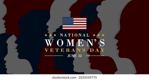 June 12 is National Womens Veterans Day. American flag and Womens. Suitable for posters, banners and social media. Black background.