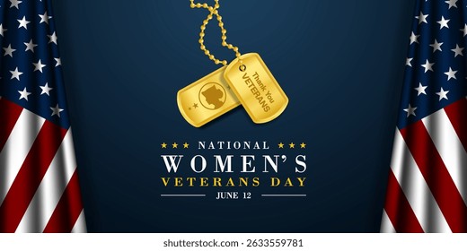 O dia 12 de junho é o Dia Nacional das Mulheres Veteranas. Duas bandeiras americanas e etiquetas militares. Adequado para cartazes, banners e mídias sociais. Fundo azul.