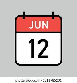 June 12, red and white color calendar page with black outline, calendar date vector illustration