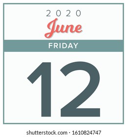 
June 12th, 2020. Calendar day icon. Red and grey color.
