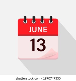June 13, Calendar icon with shadow. Day, month. Flat vector illustration.