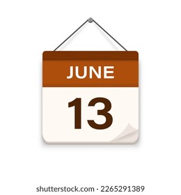 June 13, Calendar icon with shadow. Day, month. Meeting appointment time. Event schedule date. Flat vector illustration. 