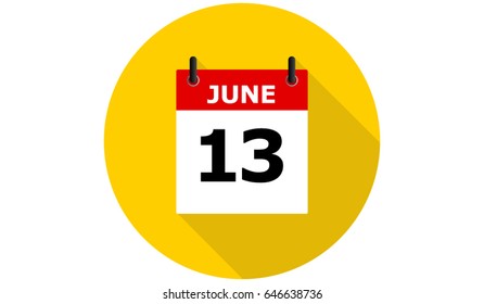 june 13 calendar vector yellow flat icon with long shadow