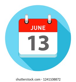June 13 Date on a Single Day Calendar in Flat Style with long flat shadow on a blue background