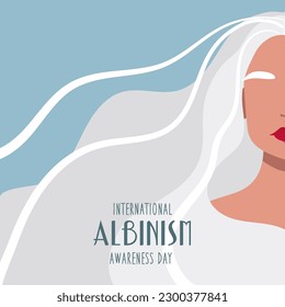 June 13 is the International Albinism Awareness Day. An albino woman with long hair on a blue background. Call for solidarity with people suffering from albinism. Human rights Stylized vector graphics