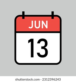 june 13, red and white color calendar page with black outline, calendar date vector illustration