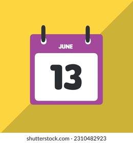 June 13 vector icon calendar Date, day and month Vector illustration, colorful background.