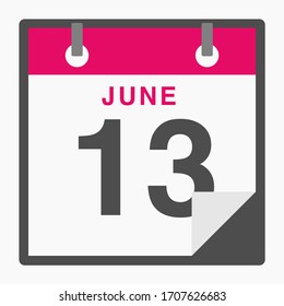 June 13th Flat icon calendar isolated on white background. Vector illustration
