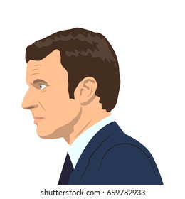 June 14, 2017: editorial vector illustration of the President of the French Republic Emmanuel Macron on white background.