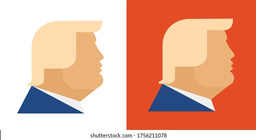 June 14, 2020: Donald Trump President of the United States, portrait orange face hair vector icon, isolated, red background, Republican candidate political, businessman, government election graphic.