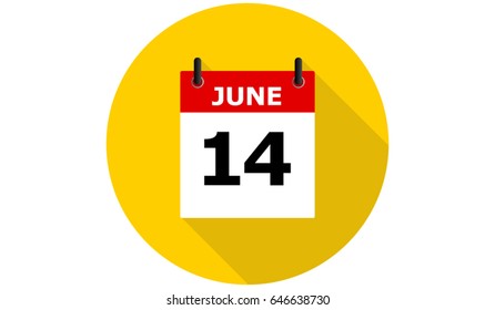 june 14 calendar vector yellow flat icon with long shadow