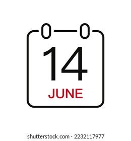 Fecha del 14 de junio en el calendario, icono de trazo de línea vectorial para la interfaz de usuario. Calendario con fecha, ilustración vectorial.
