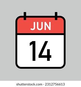 june 14, red and white color calendar page with black outline, calendar date vector illustration