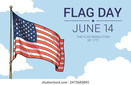 June 14th - Flag Day in the United States of America. Vector banner design template featuring the American flag and text on a sky background.