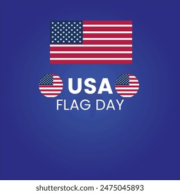 El 14 de junio es el Día de la Bandera en los Estados Unidos de América. Plantilla de diseño de Anuncio de Vector con la bandera estadounidense y texto sobre un fondo azul oscuro, celebración del Día de la Bandera de Estados Unidos.